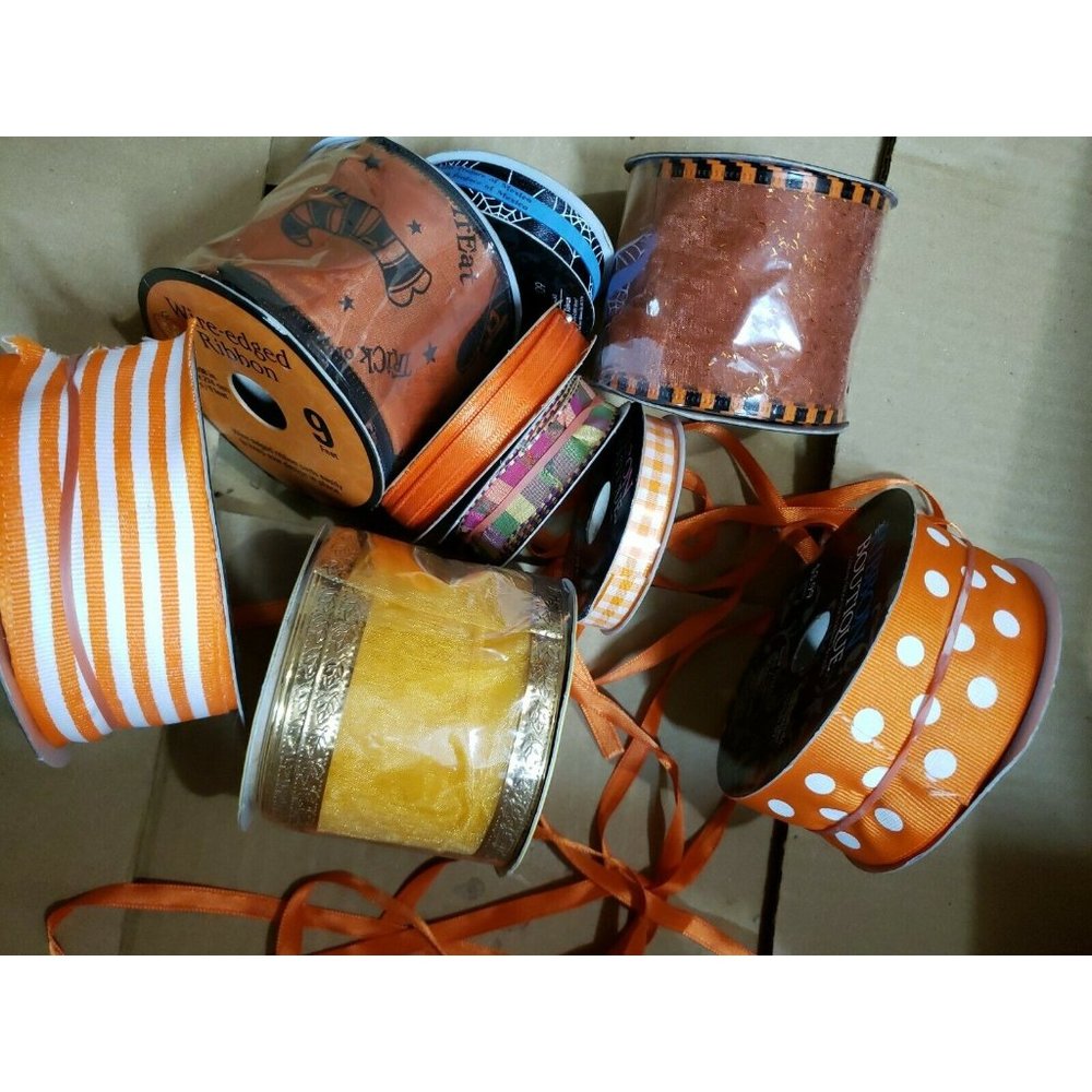 Craft Bin Ribbon Lot 9 Oranges Halloween Assort Designs Widths Lengths
